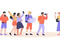 Female guide with group of tourists flat vector illustration