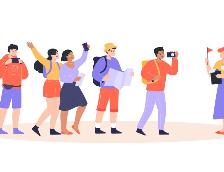Female guide with group of tourists flat vector illustration
