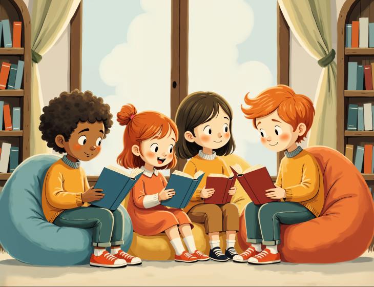 des-enfants-lisant-des-livres-ensemble-dans-une-bibliotheque-confortable