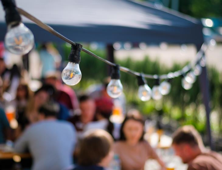 Hanged lamps at outdoor BBQ restaurant